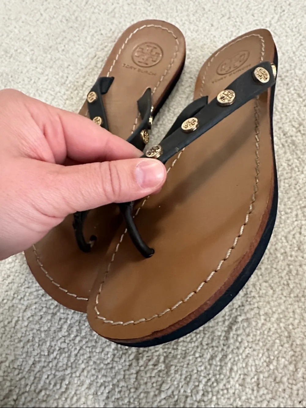 Tory Burch Black Studded Thong Sandals with Tan Footbed - Picture 3 of 5